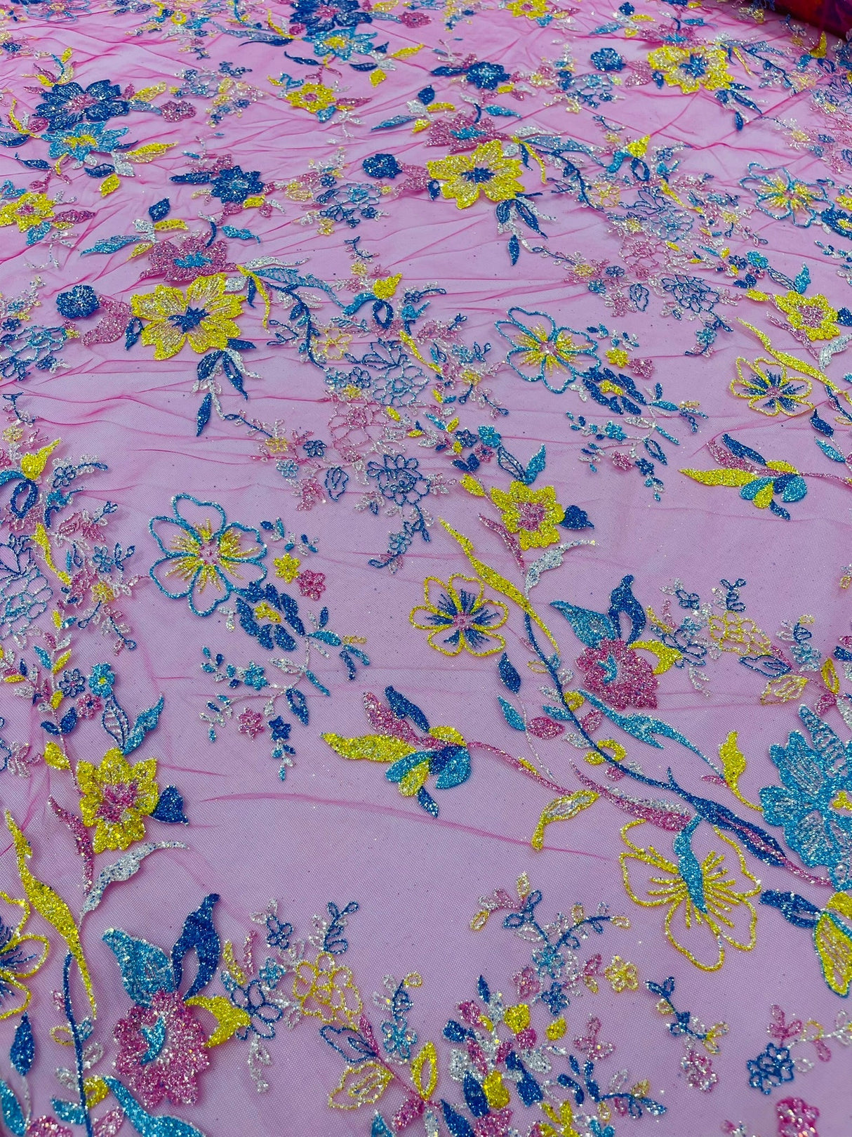 Multi Color Roses Glitter Design On A Mesh Lace Fabric - Multi Color Roses Glitter Design, Polyester Fabric, 52-54" Width, 36" Length (1 Yard)