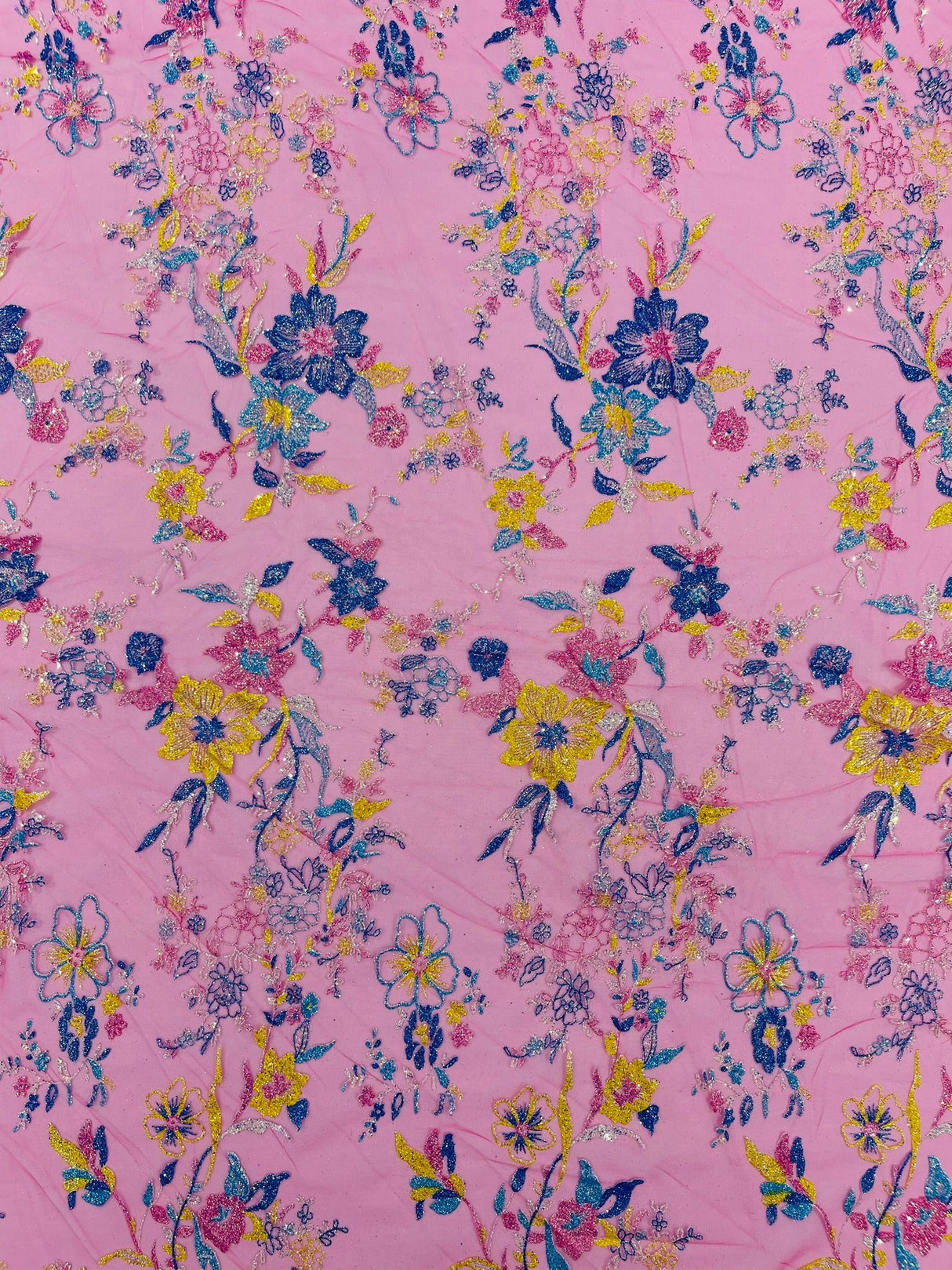Multi Color Roses Glitter Design On A Mesh Lace Fabric - Multi Color Roses Glitter Design, Polyester Fabric, 52-54" Width, 36" Length (1 Yard)