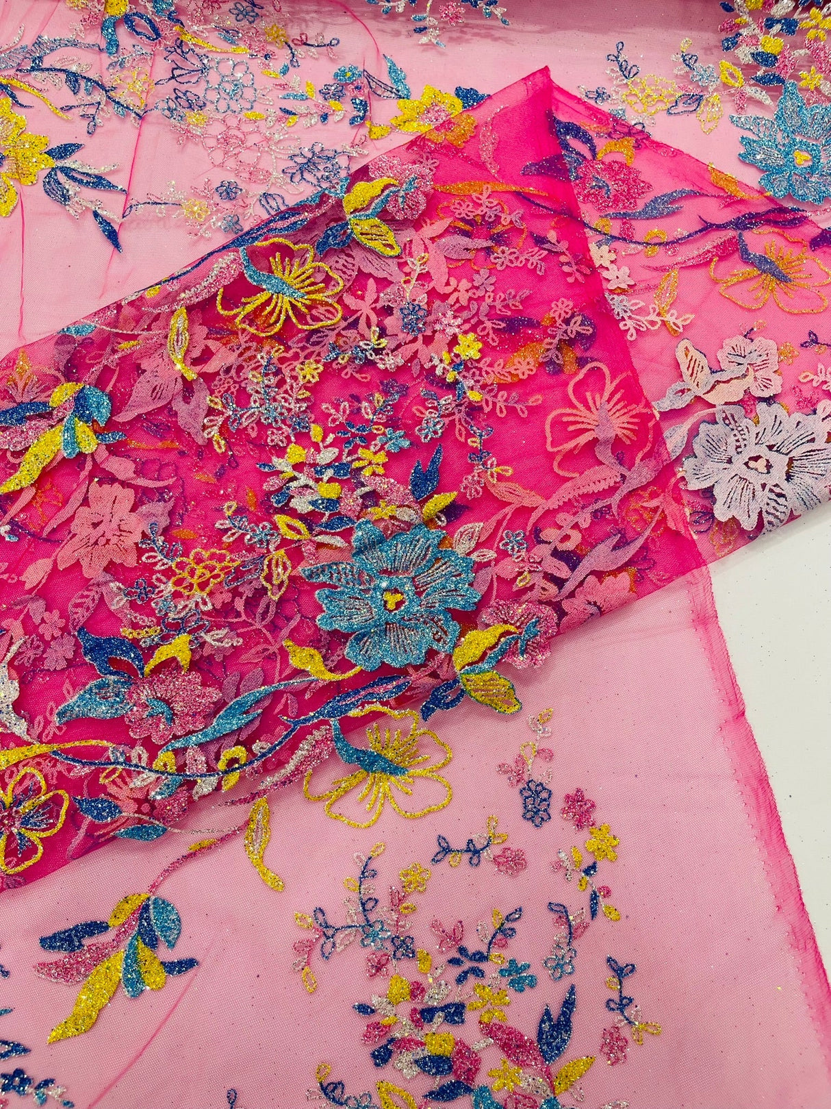 Multi Color Roses Glitter Design On A Mesh Lace Fabric - Multi Color Roses Glitter Design, Polyester Fabric, 52-54" Width, 36" Length (1 Yard)