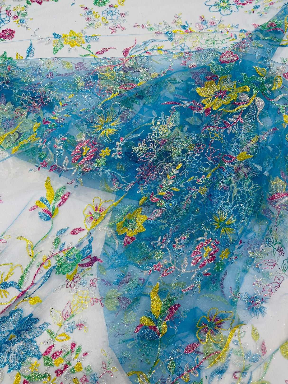Multi Color Roses Glitter Design On A Mesh Lace Fabric - Multi Color Roses Glitter Design, Polyester Fabric, 52-54" Width, 36" Length (1 Yard)