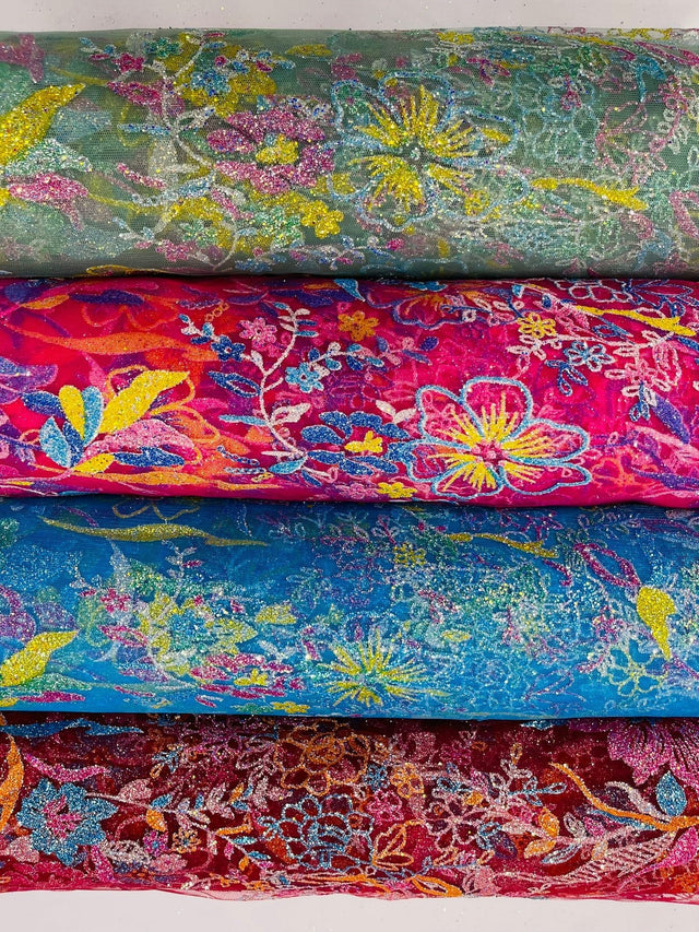 Multi Color Roses Glitter Design On A Mesh Lace Fabric - Multi Color Roses Glitter Design, Polyester Fabric, 52-54" Width, 36" Length (1 Yard)