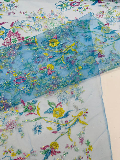 Multi Color Roses Glitter Design On A Mesh Lace Fabric - Multi Color Roses Glitter Design, Polyester Fabric, 52-54" Width, 36" Length (1 Yard)
