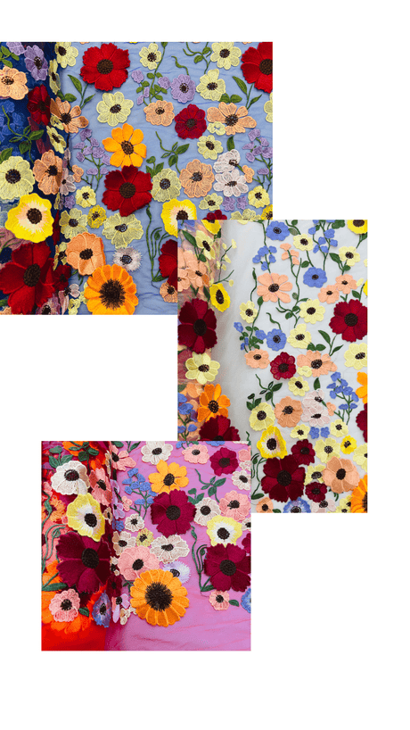 Multi Color Sun Flower 3D Design Embroidered Mesh Lace Fabric - Multi Color Sun Flower, Double Scallop, 48/50" Width (1 Yard)