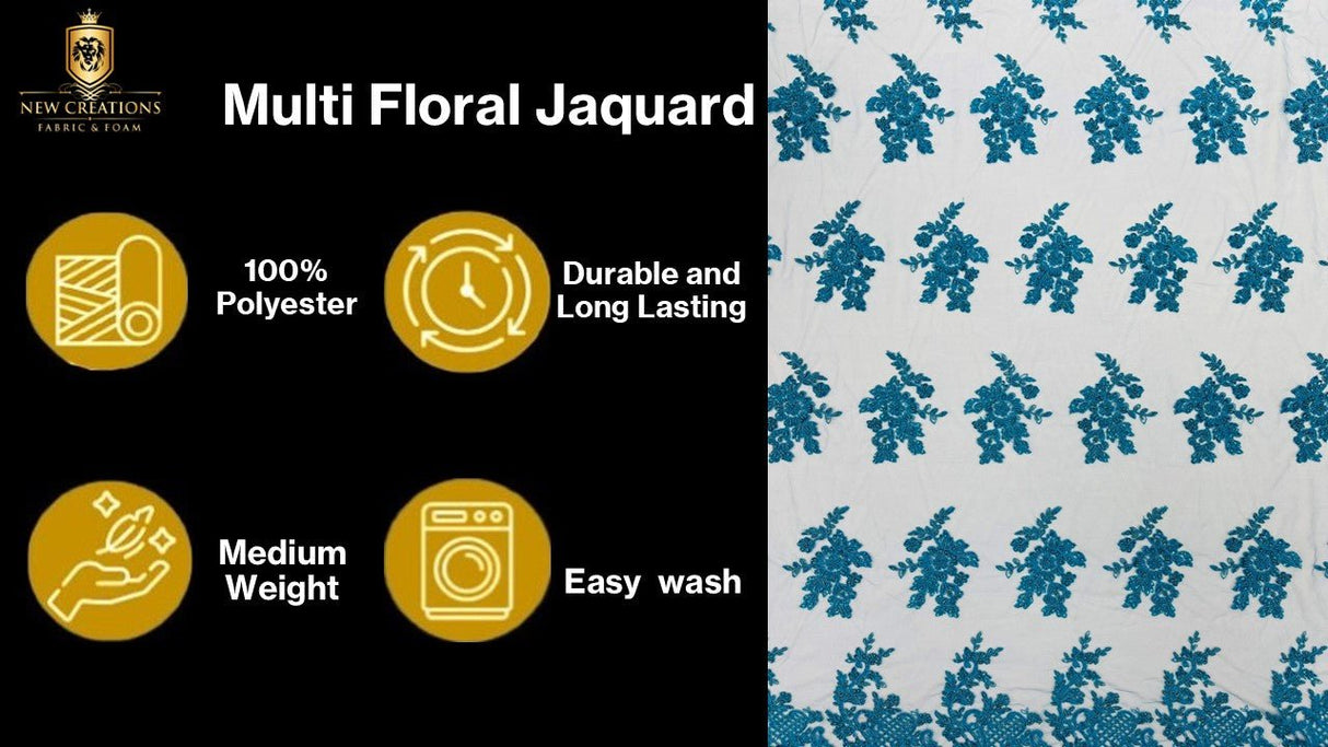 Multi Floral Color Jacquard Satin Fabric - Multi Floral Pattern, 58" Width (1 Yard)