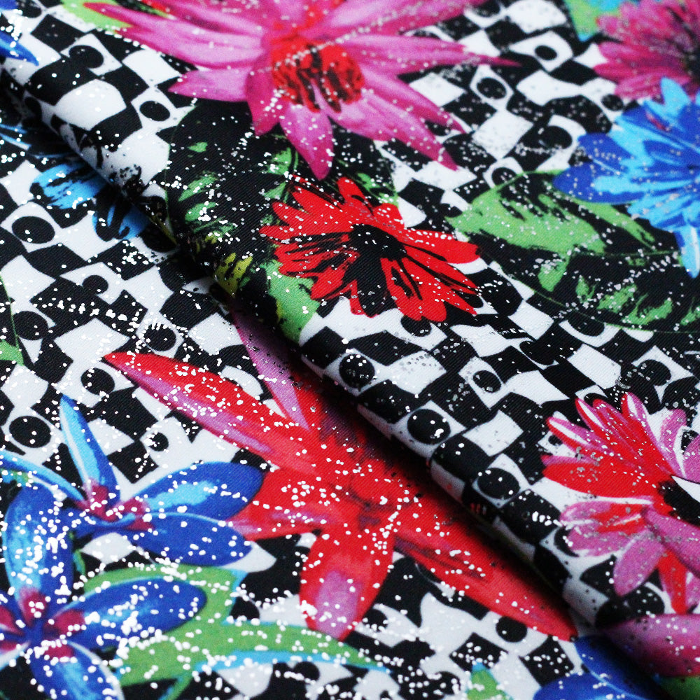 Flower Pop Twin Polyester Spandex Fabric - Black And White Or Multi Floral Garden Print, 58-60" Width (1 Yard)