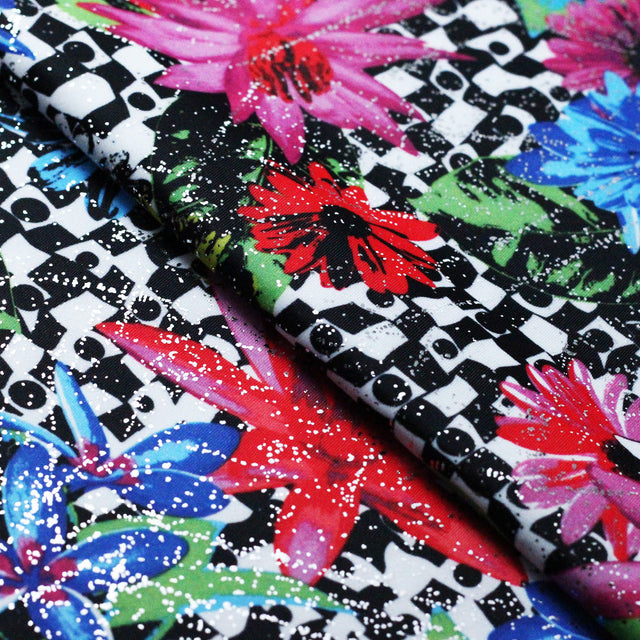 Flower Pop Twin Polyester Spandex Fabric - Black And White Or Multi Floral Garden Print, 58-60" Width (1 Yard)