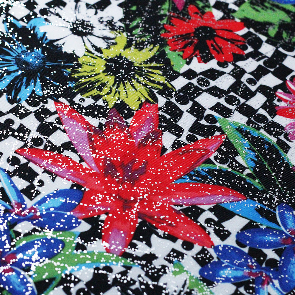 Flower Pop Twin Polyester Spandex Fabric - Black And White Or Multi Floral Garden Print, 58-60" Width (1 Yard)