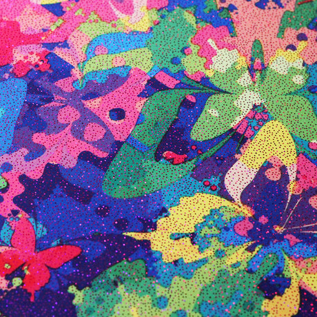 In Living Colors Poly Spandex Fabric - Colorful Butterfly Print, Multi Or Fuchsia Foil, 58/60" Width (1 Yard)