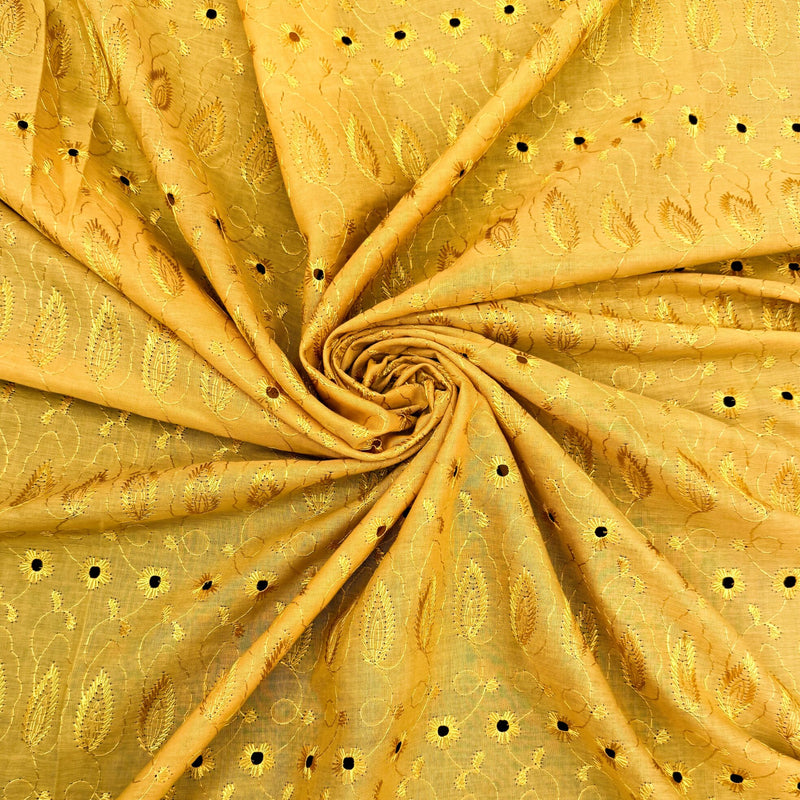 Mustard Medium Eyelet Polyester Cotton Fabric - Mustard, Small Eyelets, 41"-42" Width