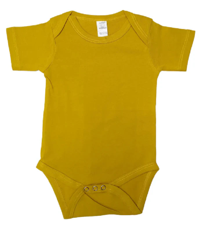 Lucky Friends 701 100% Cotton Fabric - Mustard, Short Sleeve Baby Onesie, Snap Buttons (0/3-12/18)