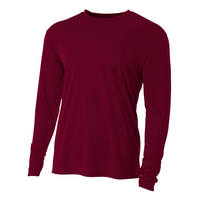 A4 N3165 Cooling Performance Long Sleeve Micro Poly Interlock Fabric - Maroon, Moisture Wicking, 44+ UPF (1 Shirt)