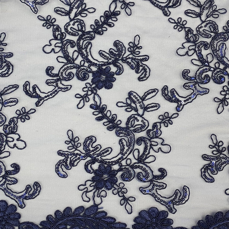 Elena's Lace Navy Blue Polyester Lace Fabric - Navy Blue Corded Mesh Embroidered With Sequins, Double Scalloped Edge, 54" Width (1 Yard)