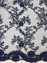 Elena's Lace Navy Blue Polyester Lace Fabric - Navy Blue Corded Mesh Embroidered With Sequins, Double Scalloped Edge, 54" Width (1 Yard)