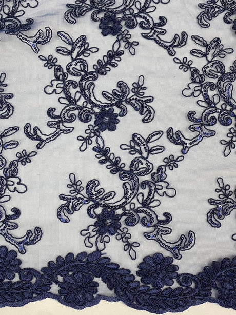 Elena's Lace Navy Blue Polyester Lace Fabric - Navy Blue Corded Mesh Embroidered With Sequins, Double Scalloped Edge, 54" Width (1 Yard)