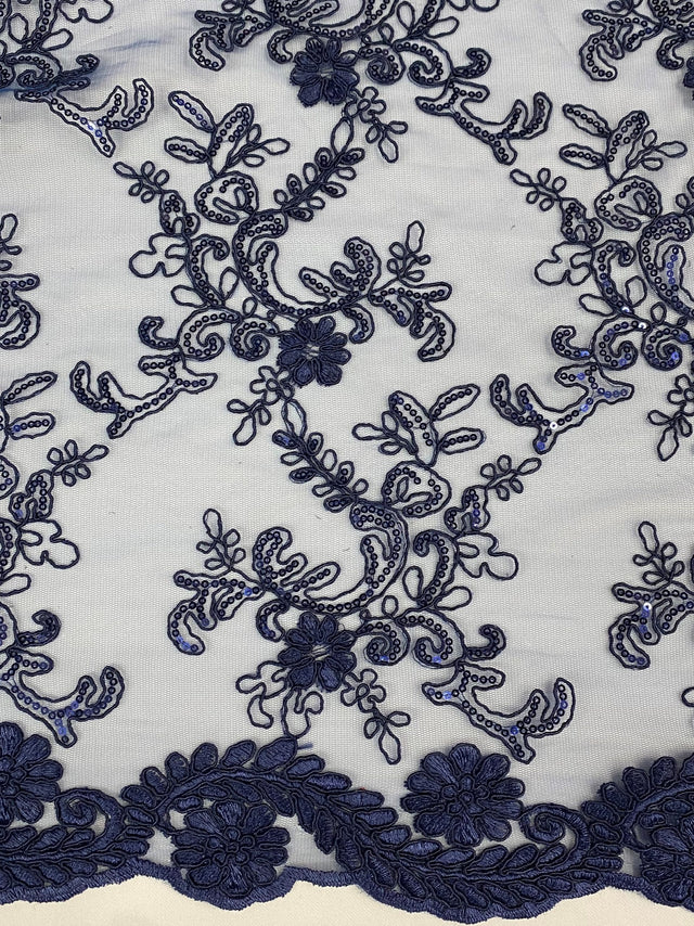Elena's Lace Navy Blue Polyester Lace Fabric - Navy Blue Corded Mesh Embroidered With Sequins, Double Scalloped Edge, 54" Width (1 Yard)