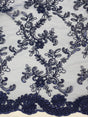 Elena's Lace Navy Blue Polyester Lace Fabric - Navy Blue Corded Mesh Embroidered With Sequins, Double Scalloped Edge, 54" Width (1 Yard)