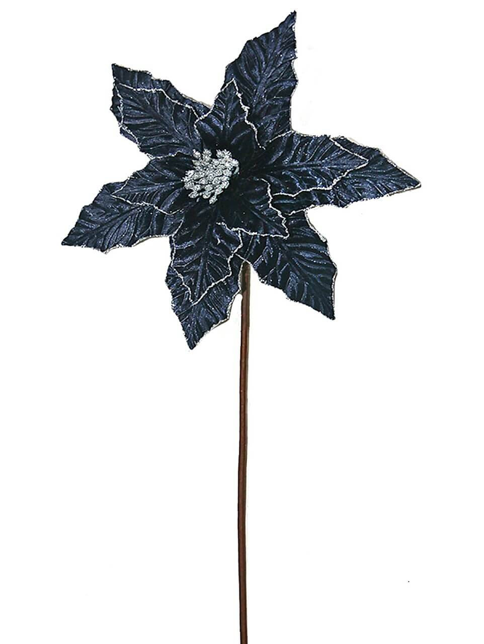 24 Inch x 12.5 Inch Navy Glitter Edge Velvet Poinsettia Stem