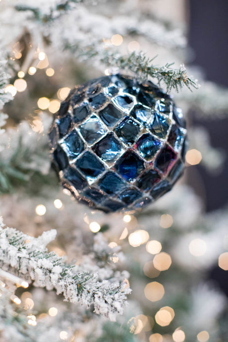 Blue Chrome Honeycomb Ball Ornament 10cm Vintage Christmas Decor