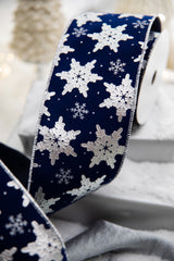 4 Inch x 10 Yard Snowflake on Blue Velvet Wired Christmas Ribbon Luxury Navy Holiday Bow Wreath Tree Decoration Accent