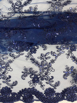Elena's Lace Navy Blue Polyester Lace Fabric - Navy Blue Corded Mesh Embroidered With Sequins, Double Scalloped Edge, 54" Width (1 Yard)