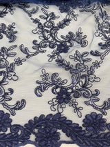 Elena's Lace Navy Blue Polyester Lace Fabric - Navy Blue Corded Mesh Embroidered With Sequins, Double Scalloped Edge, 54" Width (1 Yard)