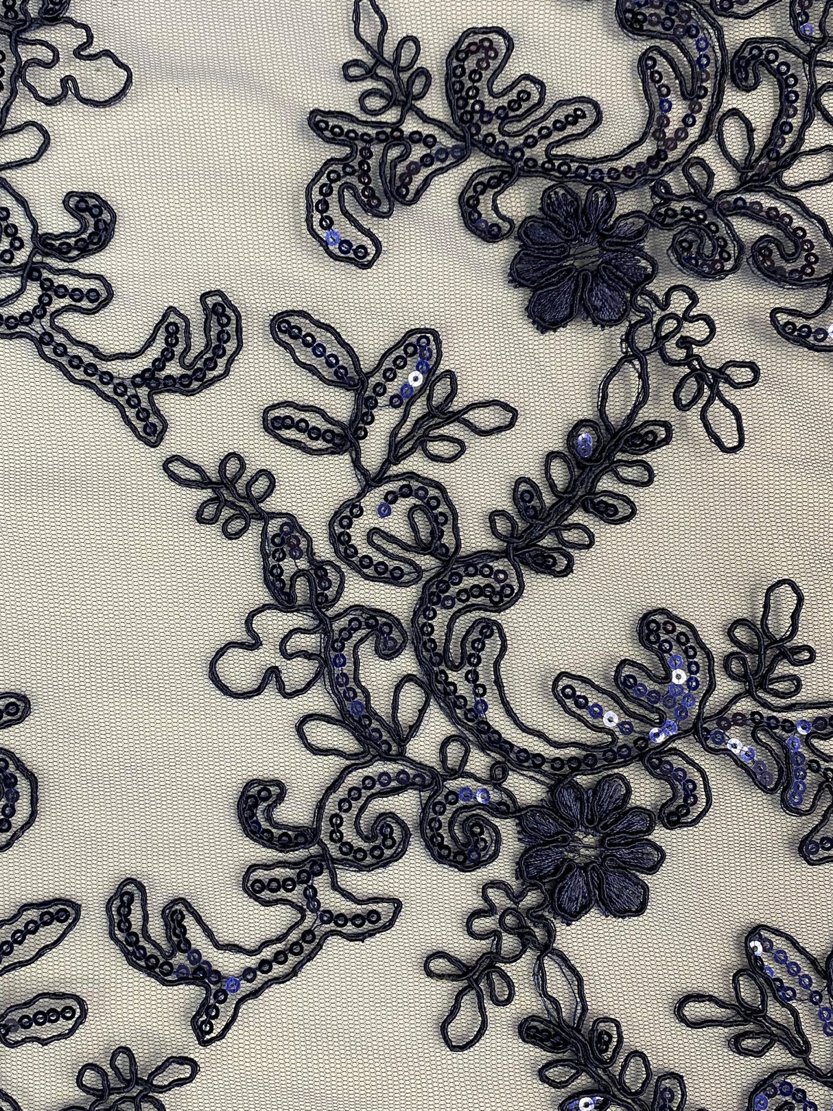 Elena's Lace Navy Blue Polyester Lace Fabric - Navy Blue Corded Mesh Embroidered With Sequins, Double Scalloped Edge, 54" Width (1 Yard)