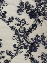 Elena's Lace Navy Blue Polyester Lace Fabric - Navy Blue Corded Mesh Embroidered With Sequins, Double Scalloped Edge, 54" Width (1 Yard)