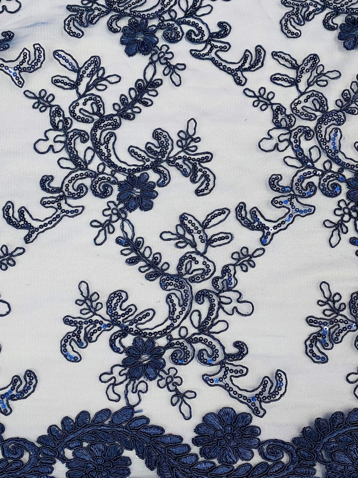Elena's Lace Navy Blue Polyester Lace Fabric - Navy Blue Corded Mesh Embroidered With Sequins, Double Scalloped Edge, 54" Width (1 Yard)