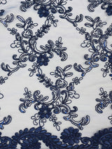Elena's Lace Navy Blue Polyester Lace Fabric - Navy Blue Corded Mesh Embroidered With Sequins, Double Scalloped Edge, 54" Width (1 Yard)