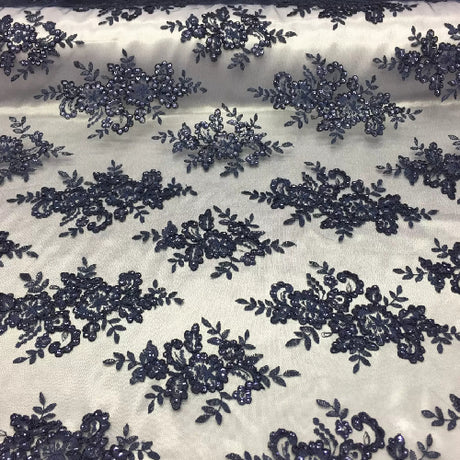 Navy Sequin Lace Fabric With Embroideries On Mesh - Navy Embroidered Sequin Lace Fabric, 1 Yard