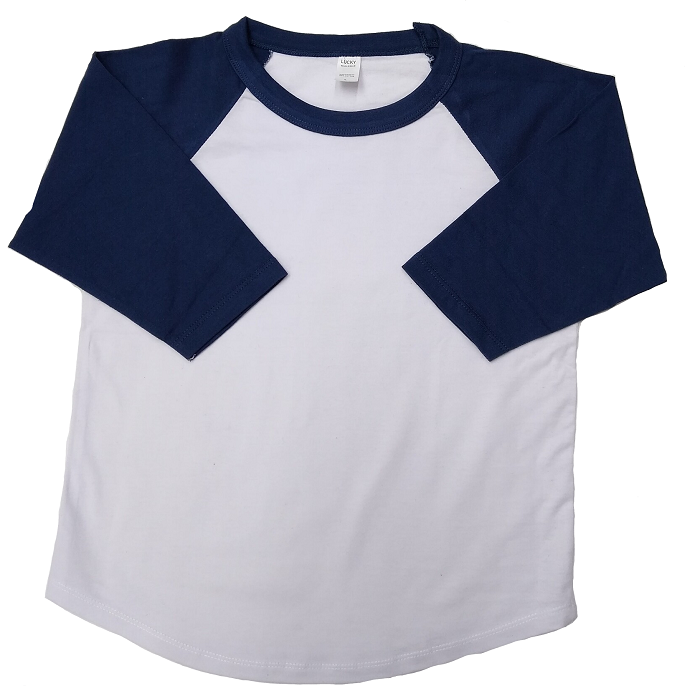 Lucky Friends 100 Percent Cotton Raglan Fabric - White Body, Navy Sleeves, Youth, 3/4 Sleeve (1 Unit)