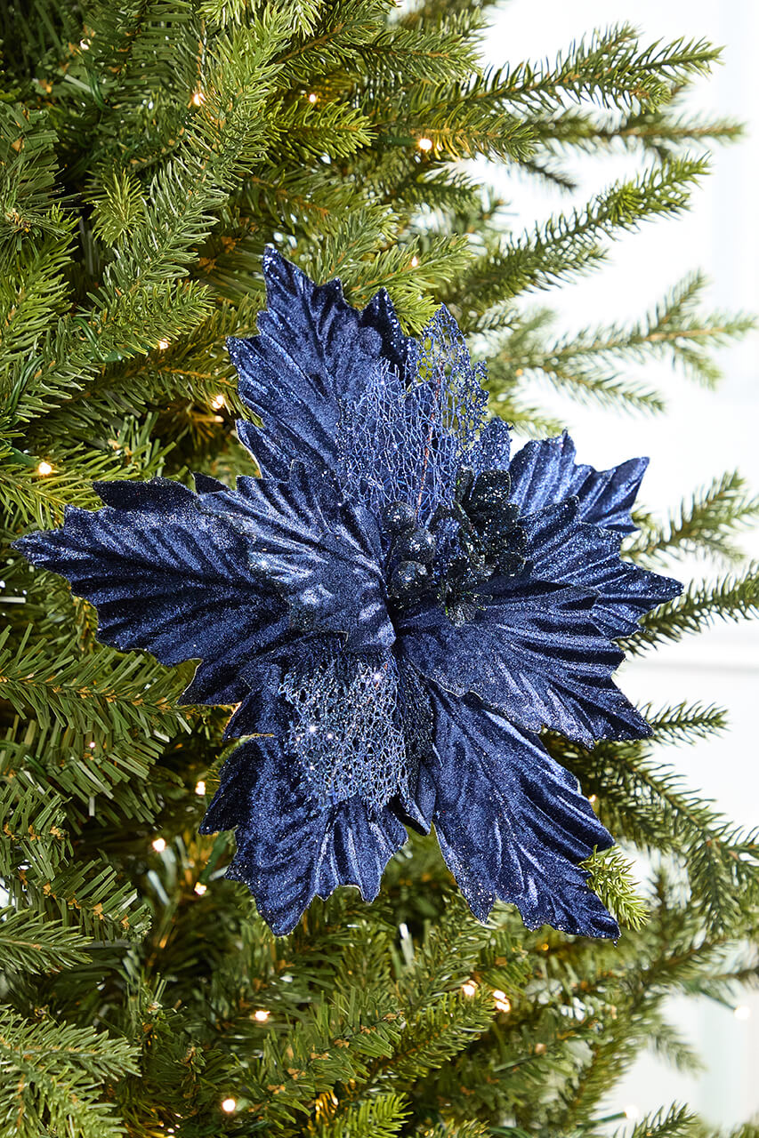 20" x 12" Velvet Glitter Poinsettia - Navy