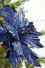 20" x 12" Velvet Glitter Poinsettia - Navy