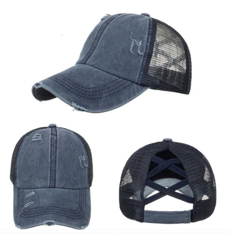 Criss-Cross Cap - Navy Fabric - Navy, Criss-Cross Ponytail Slot, Adjustable Strap (1 Unit)