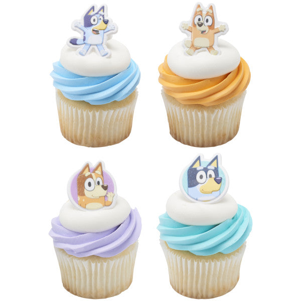 Bluey So Much Fun Rings, 72 Cupcake Decorations Featuring Bluey, Bingo, Bandit, and Chilli, 3D Food Safe Cake Toppers – 72 Pack