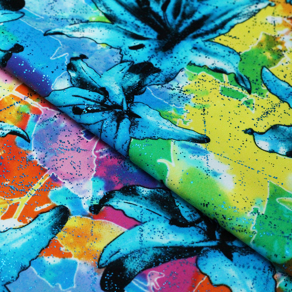 Neon Garden Nylon Spandex Fabric - Multicolor Blue Lily Floral Print, 58-60" Width (1 Yard)