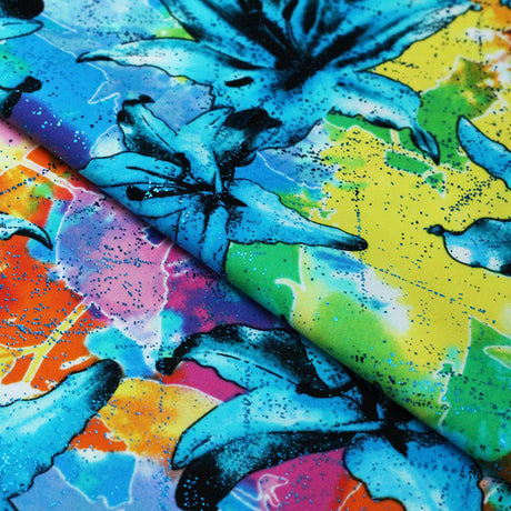 Neon Garden Nylon Spandex Fabric - Multicolor Blue Lily Floral Print, 58-60" Width (1 Yard)