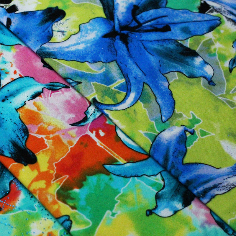 Neon Garden Nylon Spandex Fabric - Multicolor Blue Lily Floral Print, 58-60" Width (1 Yard)