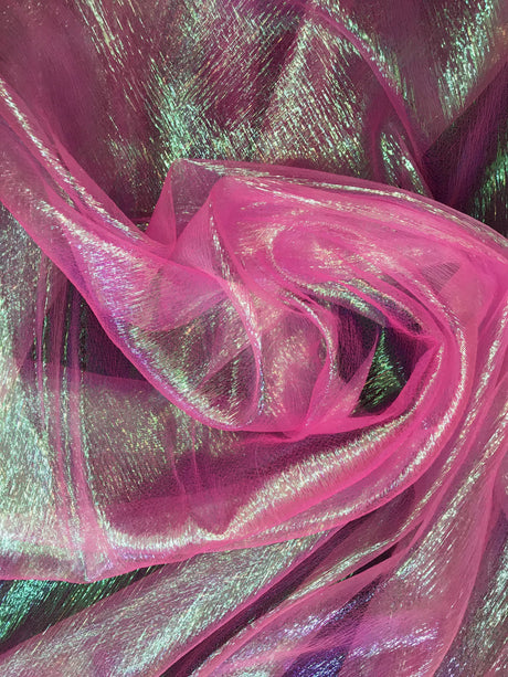 Neon Pink Crush Barbie Organza Polyester Fabric - Neon Pink, Sheer Iridescent Shimmer, 45" Width (1 Yard)