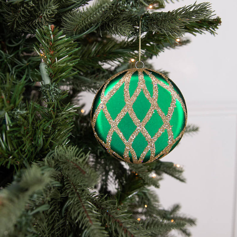 Green Gold Flat Round Christmas Ornament Matte Glitter 10cm