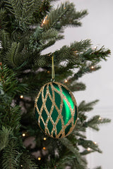 Green Gold Flat Round Christmas Ornament Matte Glitter 10cm