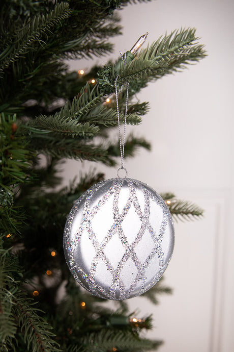 Silver Matte Glitter Flat Round Ornament 10cm Christmas Decor