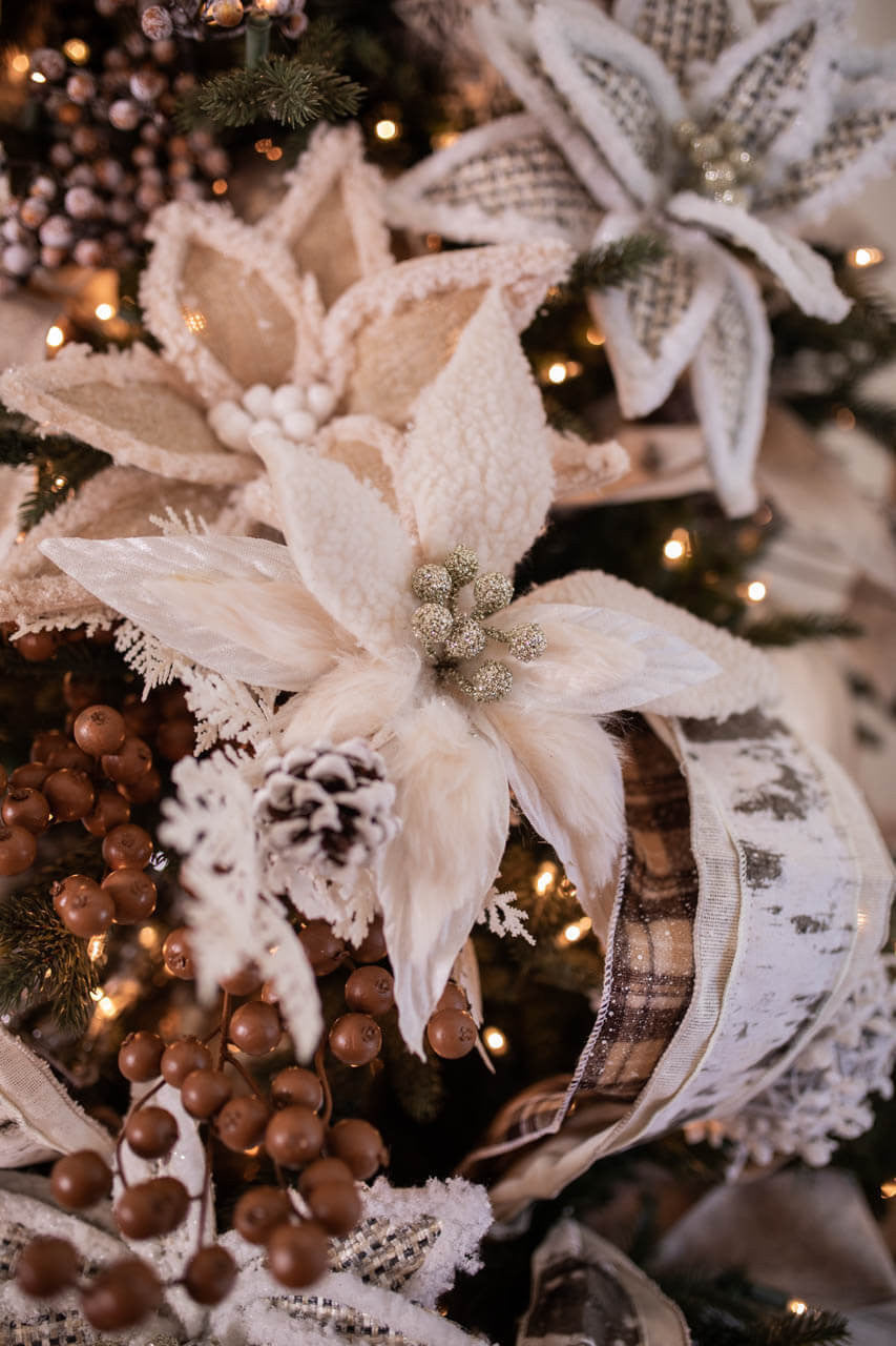 Ivory Woolly Fur Poinsettia Stem 24 Inch Christmas Flower Decor