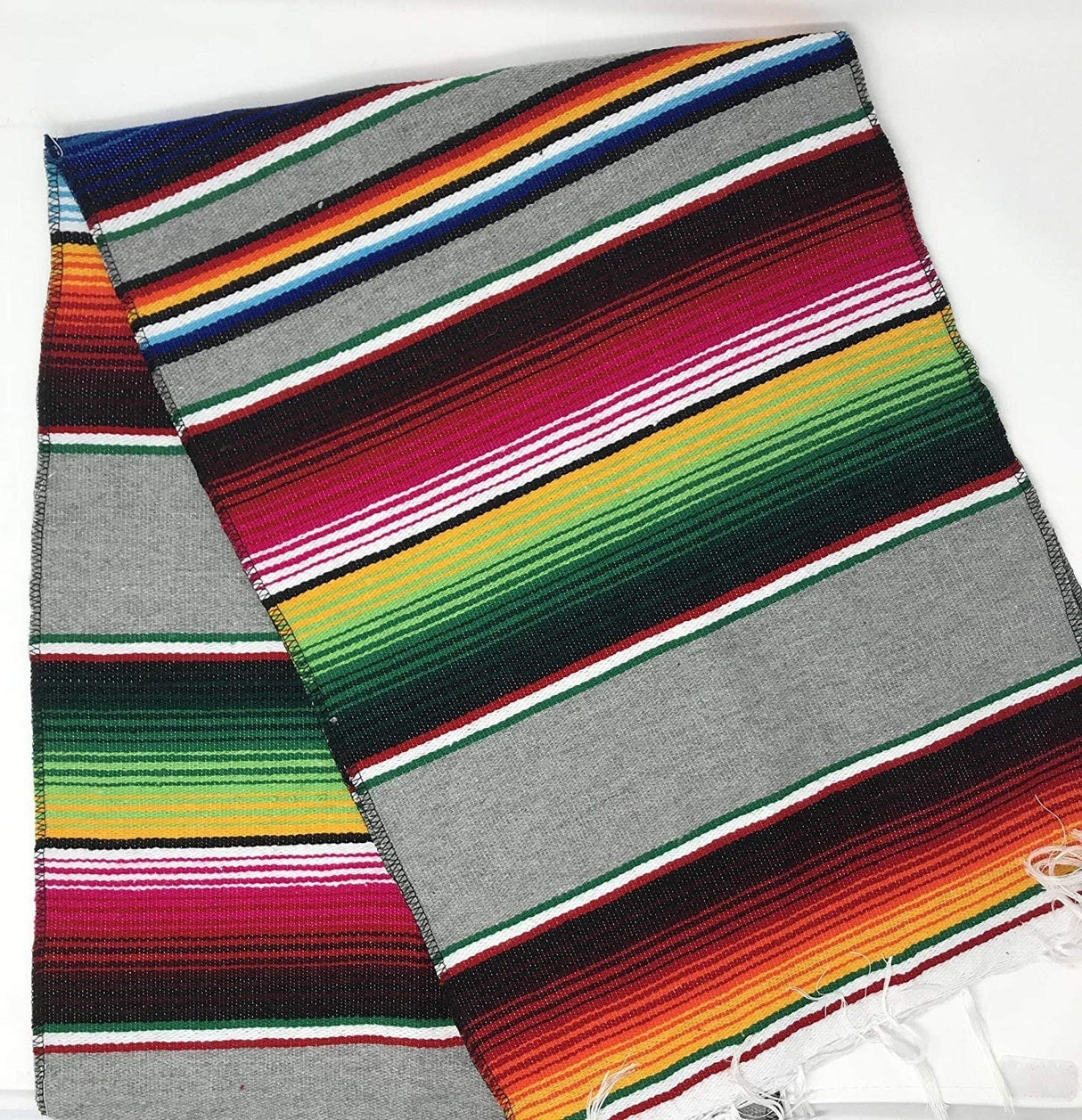 Mexican Serape Cotton Fabric - Bright Multicolor Woven Fringe, 14" X 84" (1 Table Runner)