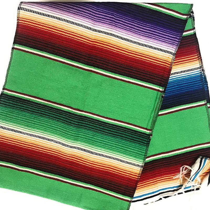 Mexican Serape Cotton Fabric - Bright Multicolor Woven Fringe, 14" X 84" (1 Table Runner)