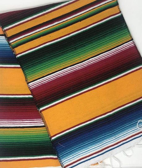 Mexican Serape Cotton Fabric - Bright Multicolor Woven Fringe, 14" X 84" (1 Table Runner)