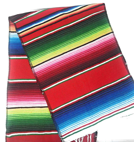 Mexican Serape Cotton Fabric - Bright Multicolor Woven Fringe, 14" X 84" (1 Table Runner)