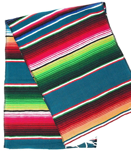 Mexican Serape Cotton Fabric - Bright Multicolor Woven Fringe, 14" X 84" (1 Table Runner)