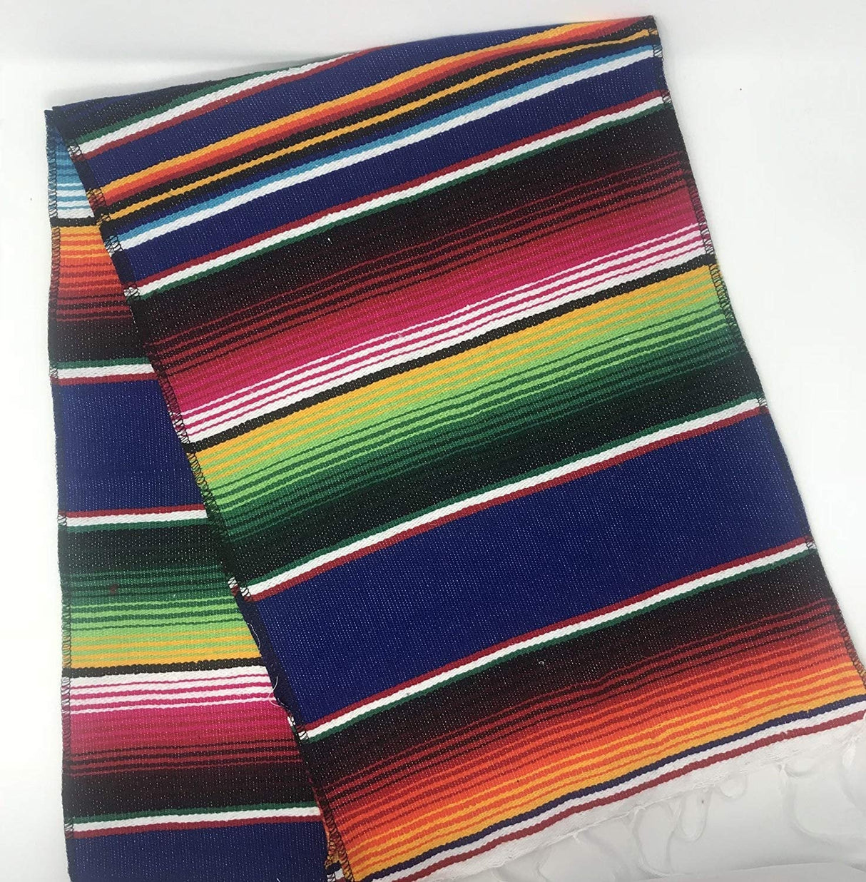 Mexican Serape Cotton Fabric - Bright Multicolor Woven Fringe, 14" X 84" (1 Table Runner)