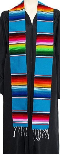 Authentic Mexican Serape Graduation Stole Sash Fabric - Teal, Turquoise, Yellow, 5" Width X 76" Length (1 Piece)